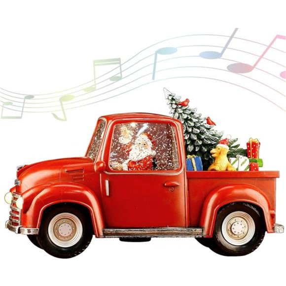 Lighted Vintage Red Truck Decor, 11.3" Musical Christmas Snow Globe - Picture 1 of 6